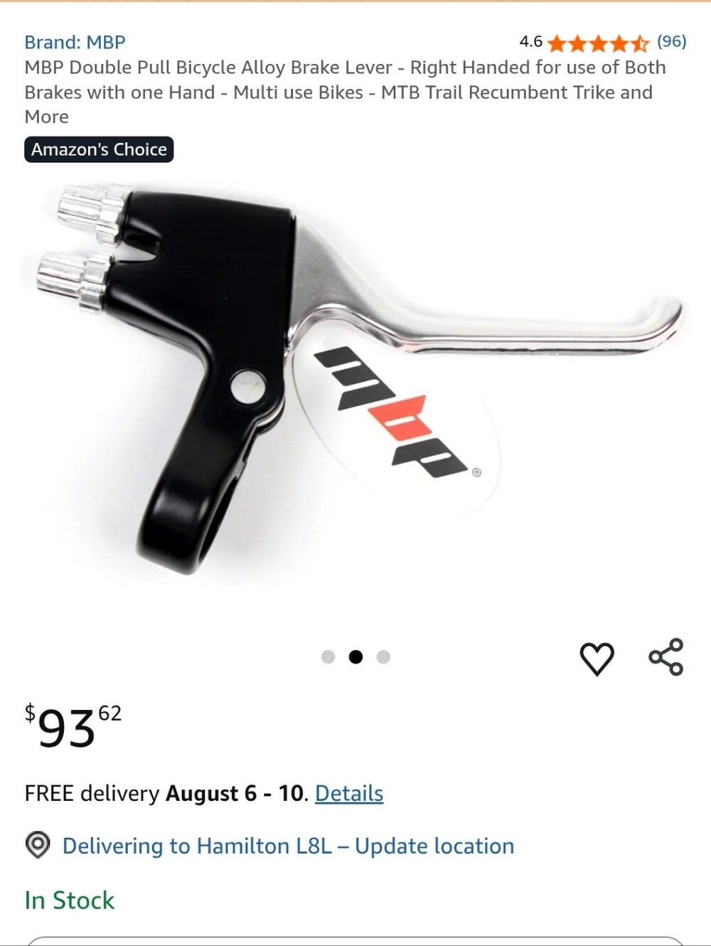 MBP Black and Silver Bicycle Brake Lever - Right Handed